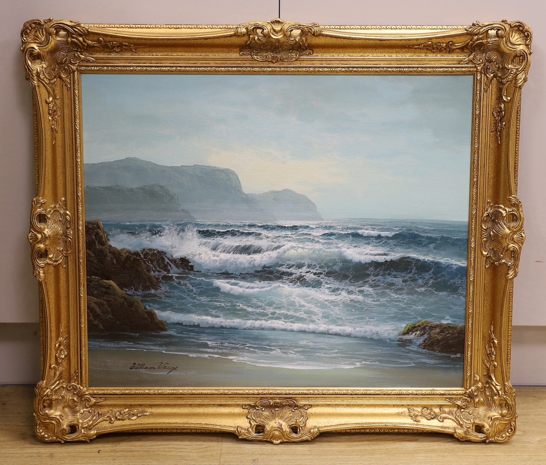 William Waage, oil on canvas, Waves breaking on the shore, 50 x 60cm